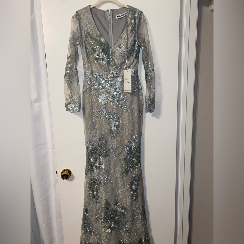 MAC DUGGAL V NECK ILLUSION LONG SLEEVE GOW RETAILS 698 on the designer website